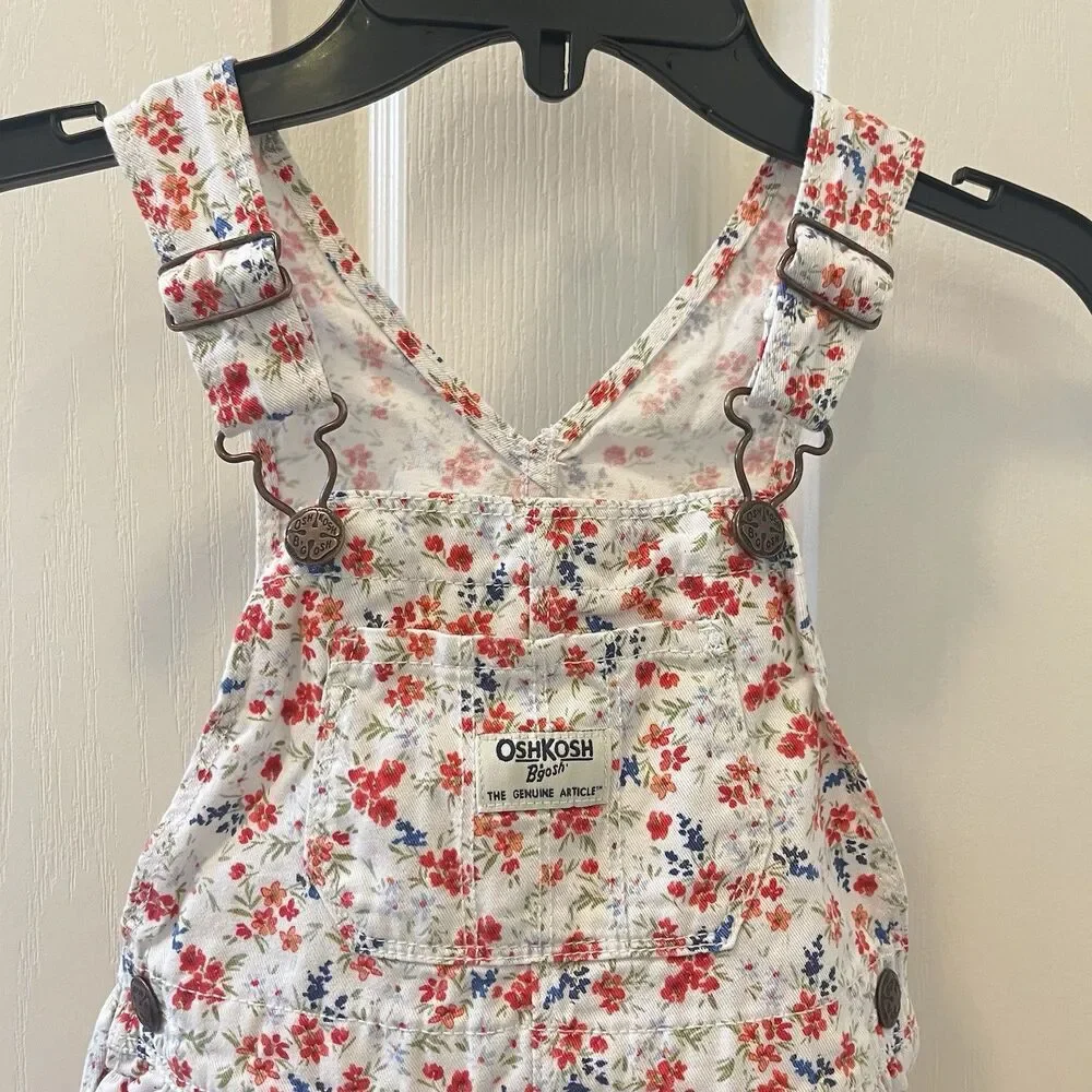 Oshkosh B'gosh Red White Blue Floral Overall Dress Cotton Girls Size 3T